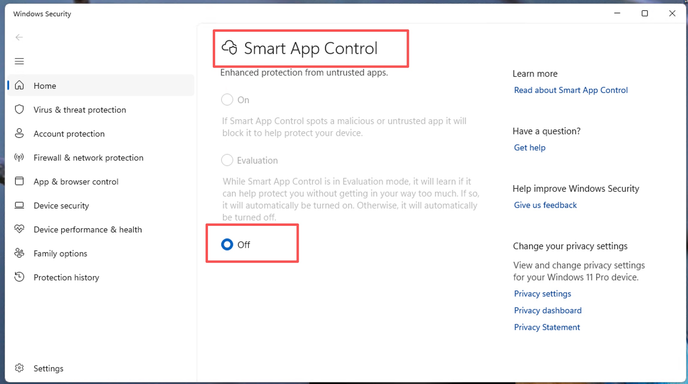 Smart App Control setting